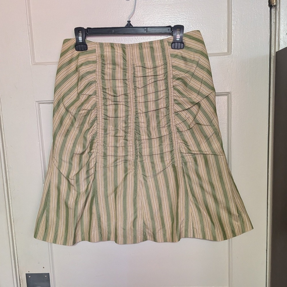 Stiletto 100% Silk Striped Ruched A-Line Skirt Green Cream Size 8